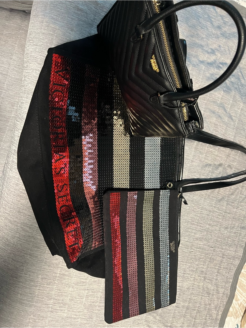 Three piece set Victoria Secret Black Tote with Red, Pink, Silver & Gray